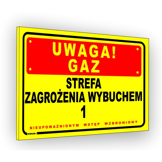 Tabliczka BHP budowlana, tabliczka PCV UWAGA GAZ Strefa zagrożenia wybuchem 1