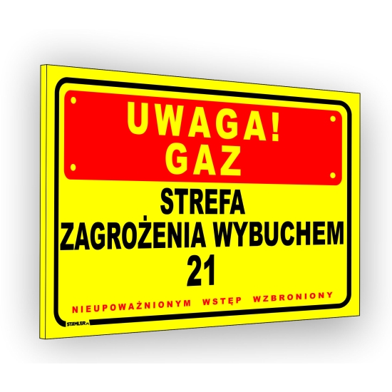 Tabliczka BHP budowlana, tabliczka PCV UWAGA GAZ Strefa zagrożenia wybuchem 21